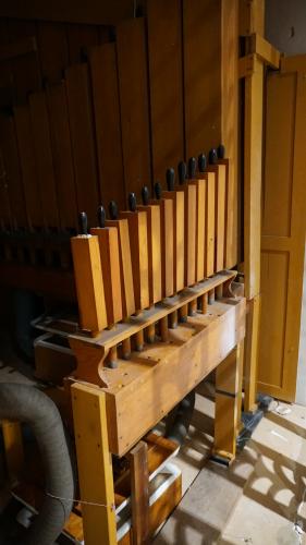 Pedal Bourdon 16’/8’ unit, top octave, 1949.  Moved to back of grill, west side, in 1999.